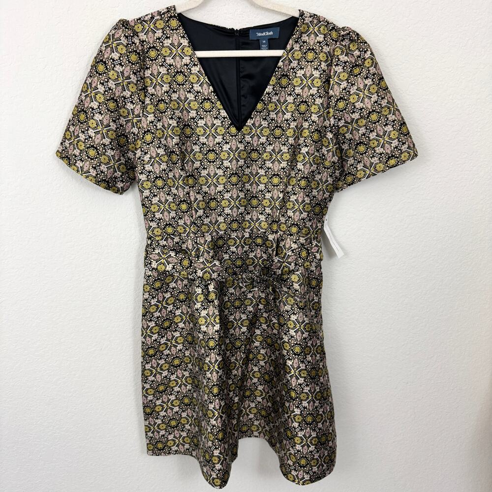 ModCloth Women Cocktails At Golden Hour Mini Dress Sz 14 Fit Flare Jacquard Gold